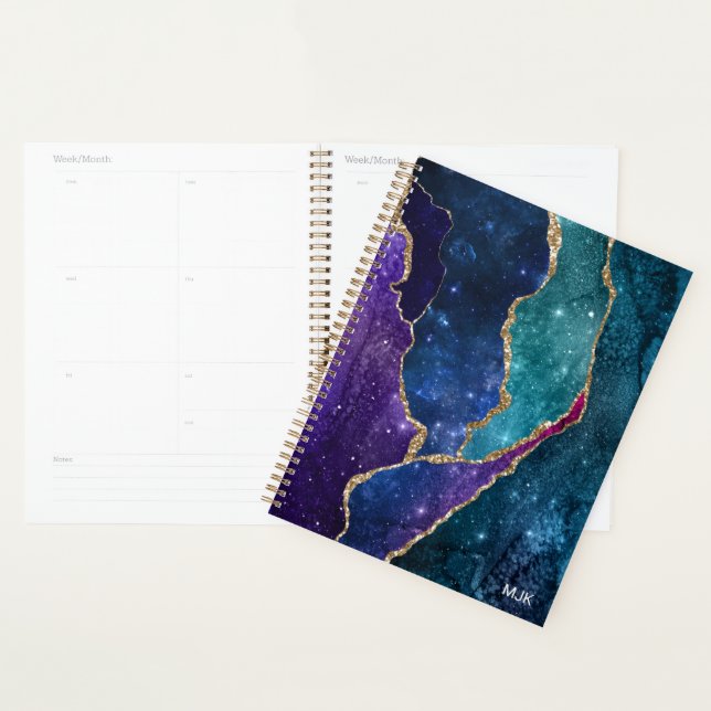 Blue Purple Aqua Gold Veins Agate Monogram Planner (Display)