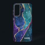 Blue Purple Aqua Gold Veins Agate Monogram Samsung Galaxy Case<br><div class="desc">Protect your phone in style with this chic design featuring your monogram and colourful shades of blue,  purple and aqua agate with metallic gold foil veins and sparkly stars.</div>