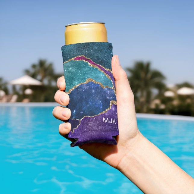 Blue Purple Aqua Gold Veins Agate Monogram Seltzer Can Cooler (In Situ Pool)