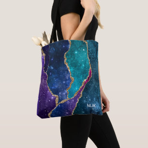Blue Purple Aqua Gold Veins Agate Monogram Tote Bag