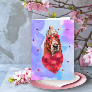 Blue Purple Basset Hound Valentine's Day Gift Dog Card