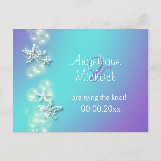 Blue purple beach starfish announcement postcard (Front)