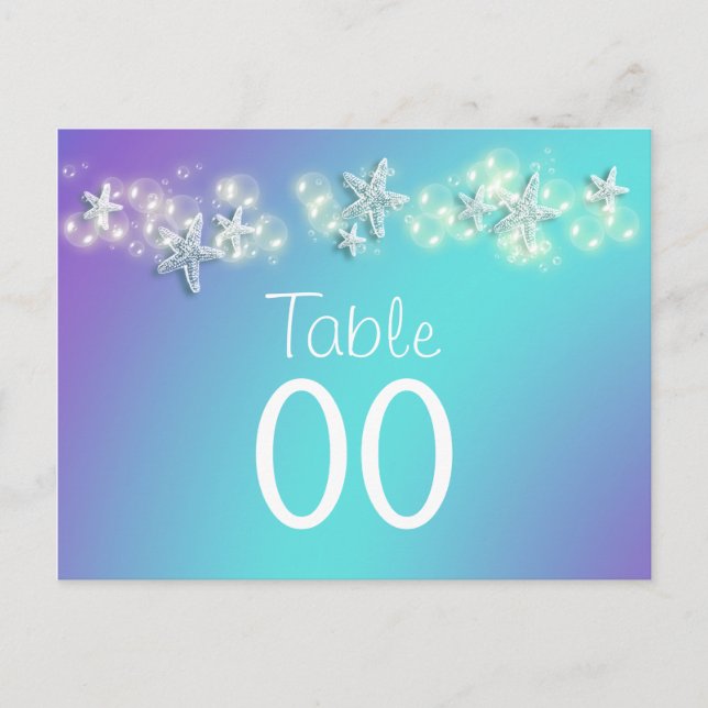 Blue purple beach starfish table number postcard (Front)