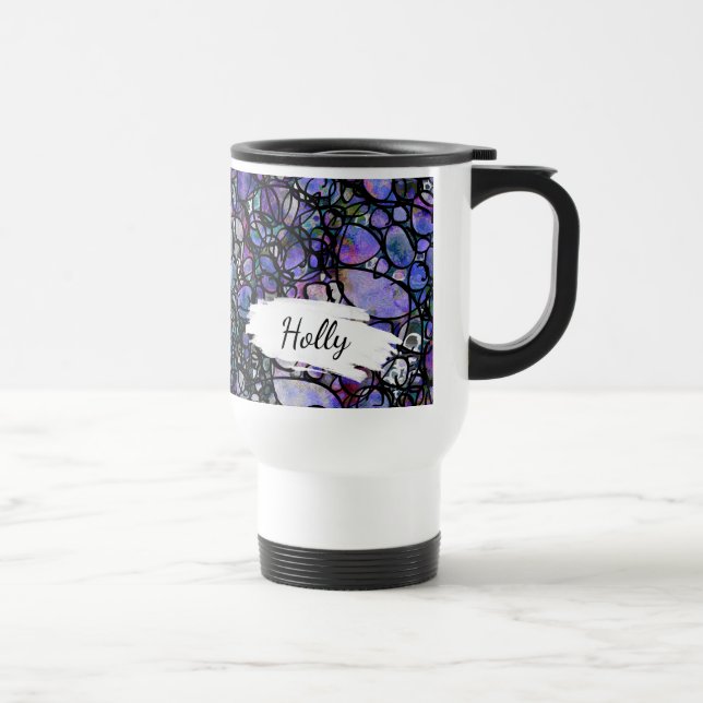 Blue, Purple & Black Absract w Brushstrokes & Name Travel Mug (Right)
