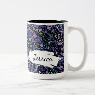 Blue, Purple & Black Absract w Brushstrokes & Name Two-Tone Coffee Mug