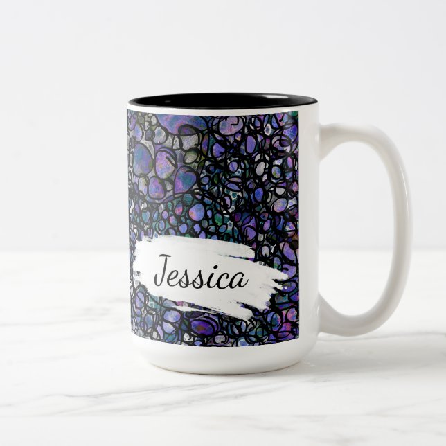 Blue, Purple & Black Absract w Brushstrokes & Name Two-Tone Coffee Mug (Right)