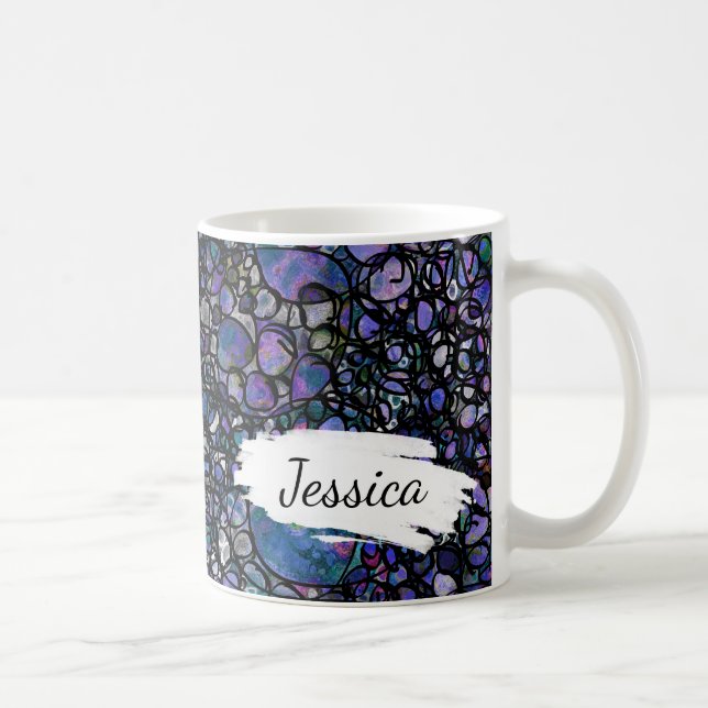 Blue, Purple & Black Abstract, Brushstrokes & Name Coffee Mug (Right)