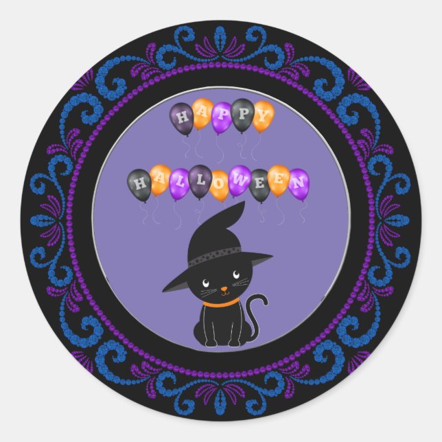 Blue Purple Black Cat Happy Halloween Balloons Classic Round Sticker (Front)