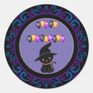 Blue Purple Black Cat Happy Halloween Balloons Classic Round Sticker