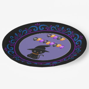 Blue Purple Black Cat Happy Halloween Balloons Paper Plate