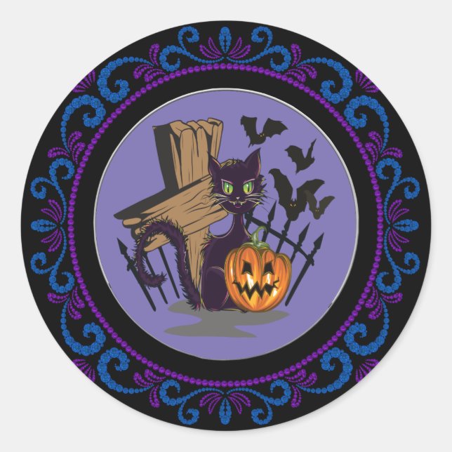 Blue Purple Black Cat Tombstone Bats Halloween Classic Round Sticker (Front)