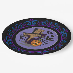 Blue Purple Black Cat Tombstone Bats Halloween Paper Plate