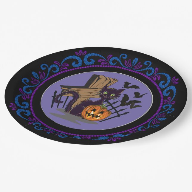 Blue Purple Black Cat Tombstone Bats Halloween Paper Plate (Angled)
