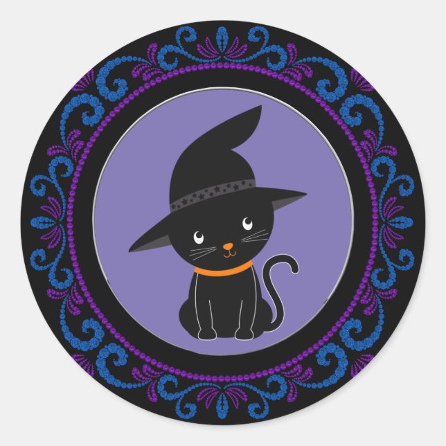 Blue Purple Black Cat With A Witch Hat Halloween Classic Round Sticker (Front)