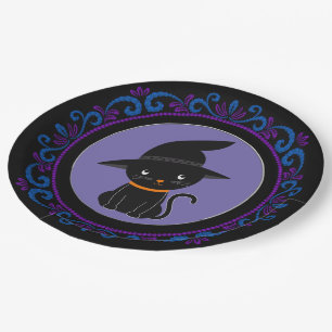 Blue Purple Black Cat With A Witch Hat Halloween Paper Plate