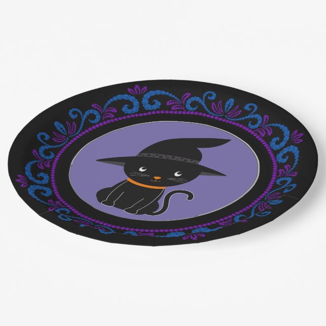 Blue Purple Black Cat With A Witch Hat Halloween Paper Plate (Angled)