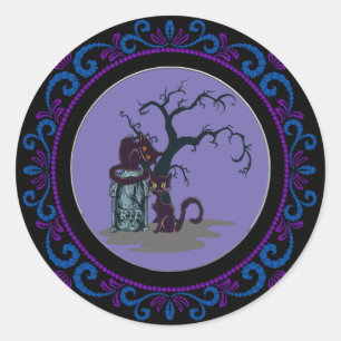 Blue Purple Black Cats Tombstone Tree Halloween Classic Round Sticker