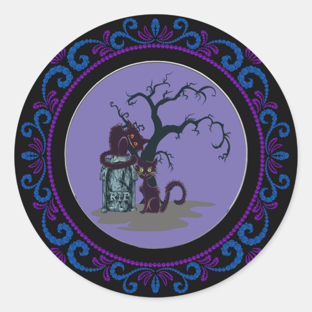 Blue Purple Black Cats Tombstone Tree Halloween Classic Round Sticker (Front)