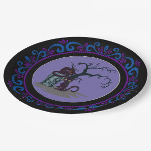 Blue Purple Black Cats Tombstone Tree Halloween Paper Plate