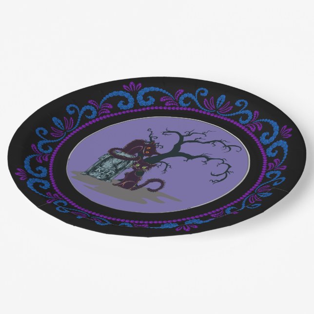 Blue Purple Black Cats Tombstone Tree Halloween Paper Plate (Angled)