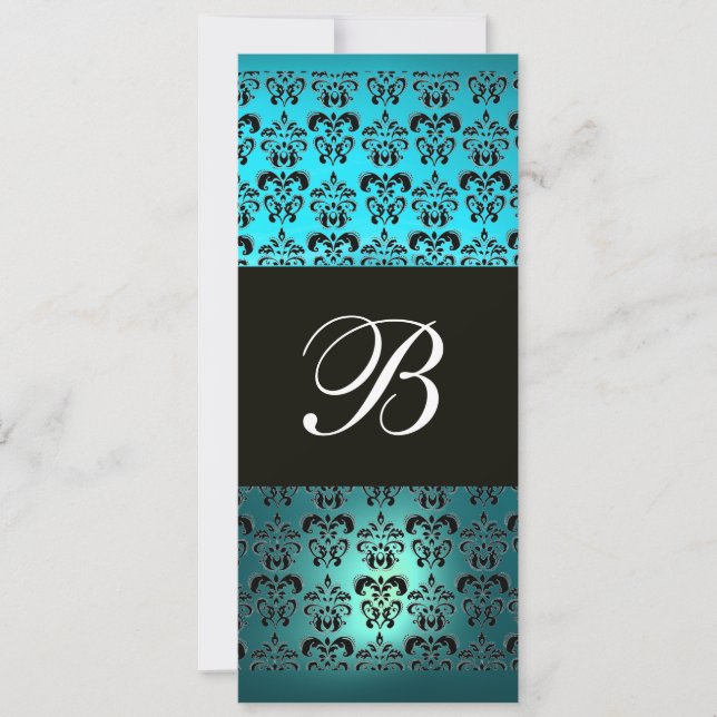 BLUE PURPLE BLACK  DAMASK MONOGRAM ,white turquase Invitation (Front)
