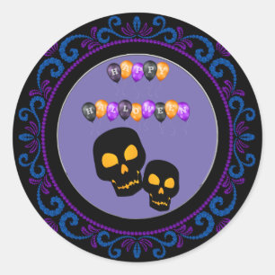 Blue Purple Black Skulls Happy Halloween Balloons Classic Round Sticker
