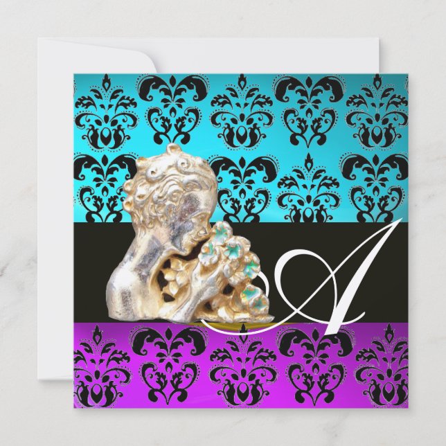 BLUE, PURPLE ,BLACK, WHITE DAMASK JEWEL MONOGRAM INVITATION (Front)
