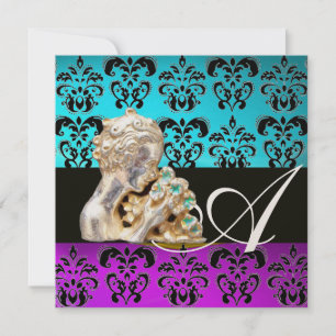 BLUE, PURPLE ,BLACK, WHITE DAMASK JEWEL MONOGRAM INVITATION