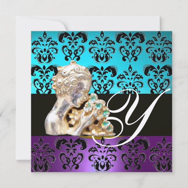 BLUE, PURPLE ,BLACK, WHITE DAMASK JEWEL MONOGRAM INVITATION (Front)