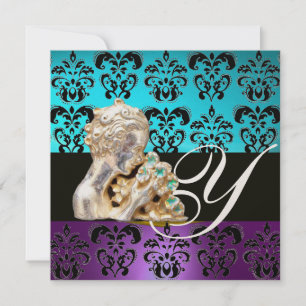 BLUE, PURPLE ,BLACK, WHITE DAMASK JEWEL MONOGRAM INVITATION