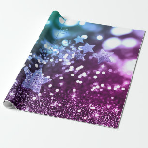 Blue & Purple Bokeh Faux Glitter & Stars Wrapping Paper