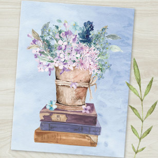 Blue Purple Books and Flowers Art Postcard