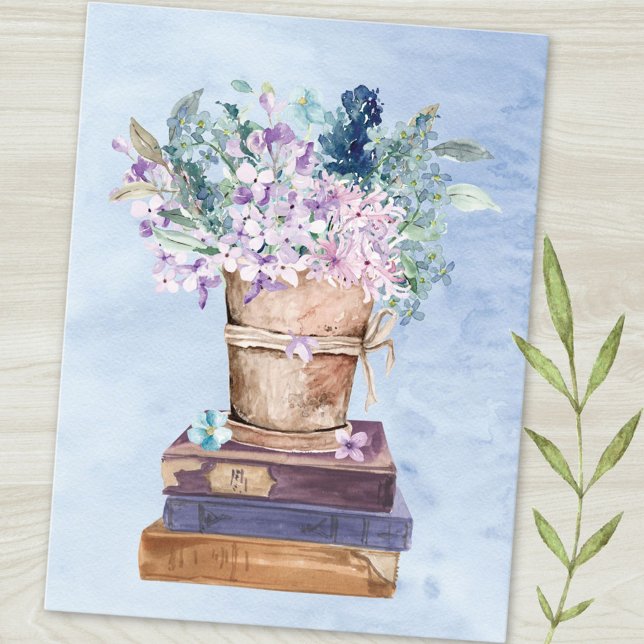Blue Purple Books and Flowers Art Postcard (Close up)