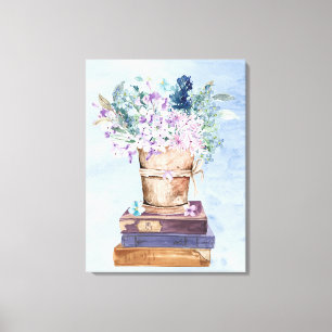 Blue Purple Books and Flowers Canvas Wall Art