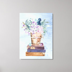 Blue Purple Books and Flowers Canvas Wall Art