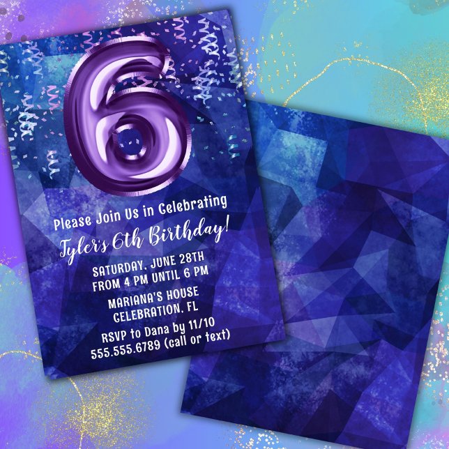 Blue Purple Boy 6th Birthday Invitation (Creator Uploaded)
