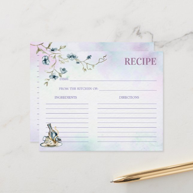 Blue purple bridal shower tea party recipe card (Front/Back In Situ)