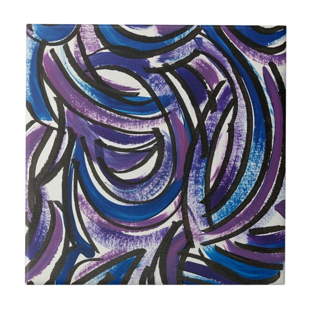 Blue Purple Brushstrokes-Hand Painted Abstract Tile (Front)