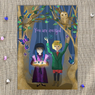 Blue, Purple Butterflies, Owls, Enchanted Forest Tri-Fold Invitation