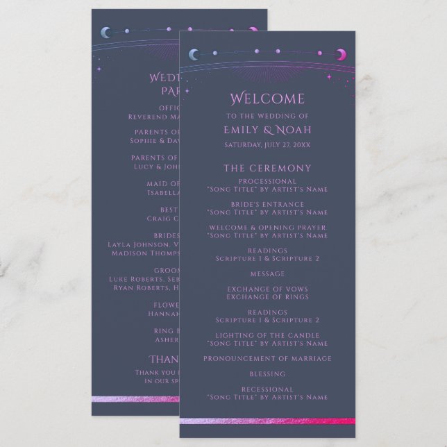Blue Purple Celestial Sun Moon Stars Wedding Programme (Front/Back)