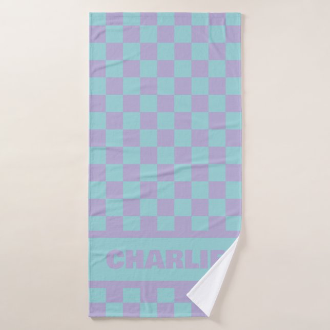 Blue & Purple Chequerboard Custom Name Bath Towel (Bath Towel)