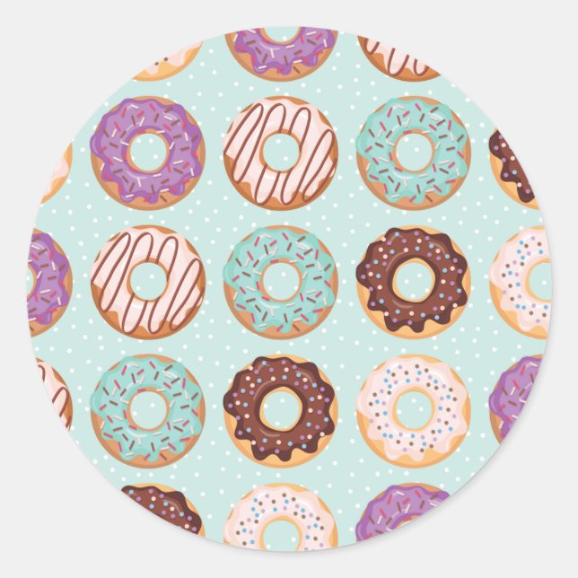  Blue, Purple, Chocolate Iced Doughnuts Bakery Tre Classic Round Sticker (Front)