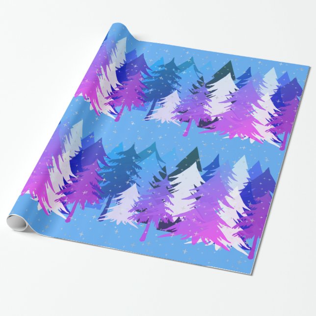 Blue Purple Christmas Trees Stars Snow Light Blue Wrapping Paper (Unrolled)