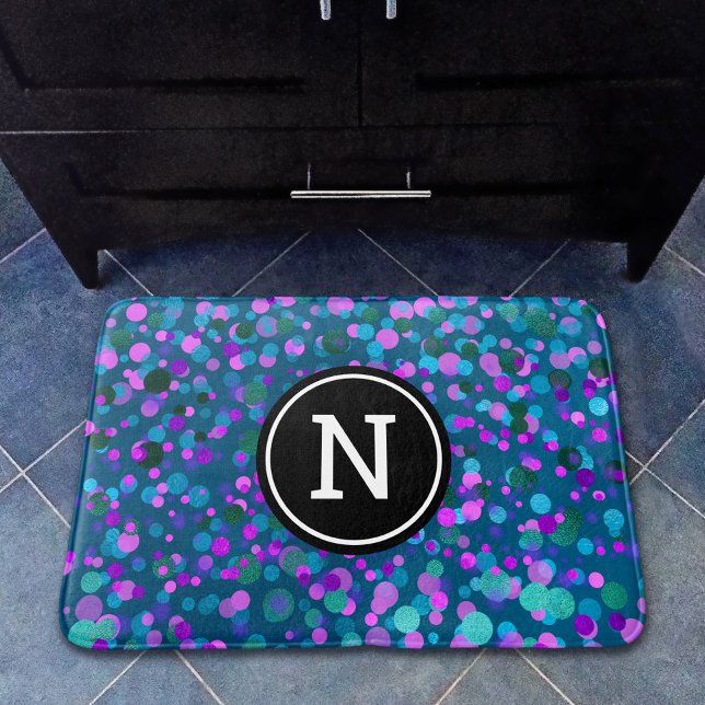 Blue purple confetti dots bold monogram on teal bath mat (Creator Uploaded)