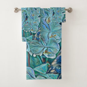 Blue purple cute orchid flowers painting bath towel set