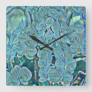 Blue purple cute orchid flowers painting  square wall clock