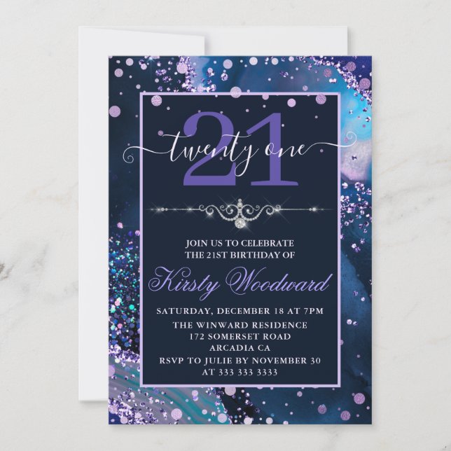 Blue & Purple Faux Glitter Agate Birthday Invitation (Front)