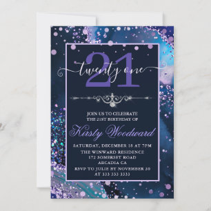 Blue & Purple Faux Glitter Agate Birthday Invitation