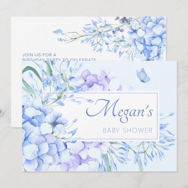 Blue purple floral bloom elegant baby shower invitation (Front/Back)