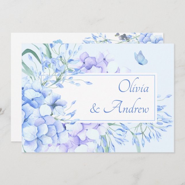 Blue purple floral bloom elegant wedding invitation (Front/Back)